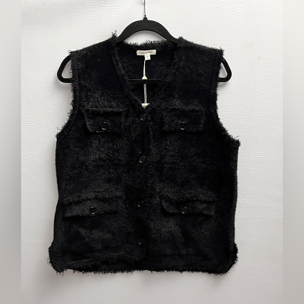 Max Studio Fur Black Vest With Pockets, Style 2707620, Size Medium NWT